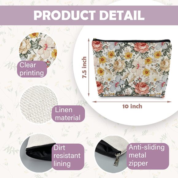 Set of 4 Vintage Floral Zipper Pouch – Cosmetic Makeup Bag w/ Boho Garden Prin - Picture 2 of 5